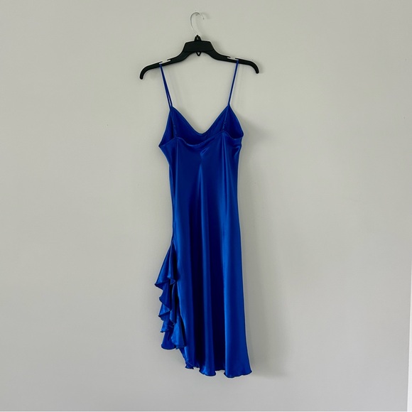 Vintage 1980s Lady Cameo of Dallas Electric Blue Satin Slip Dress w/ High Slit - Picture 10 of 14